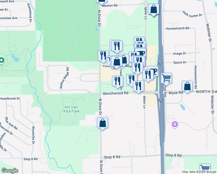 map of restaurants, bars, coffee shops, grocery stores, and more near 3508 Spanish Villa Drive in Dayton