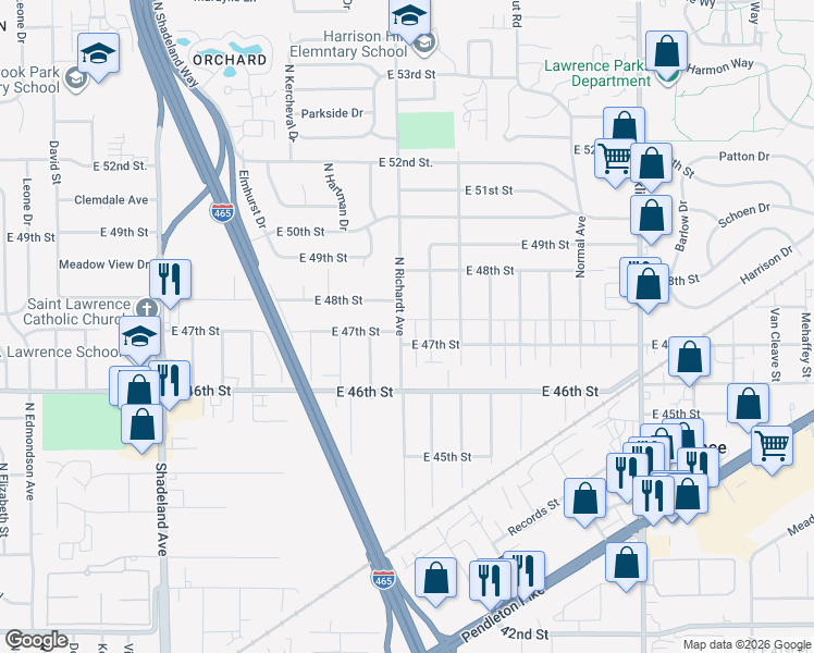map of restaurants, bars, coffee shops, grocery stores, and more near 7460 East 48th Street in Indianapolis