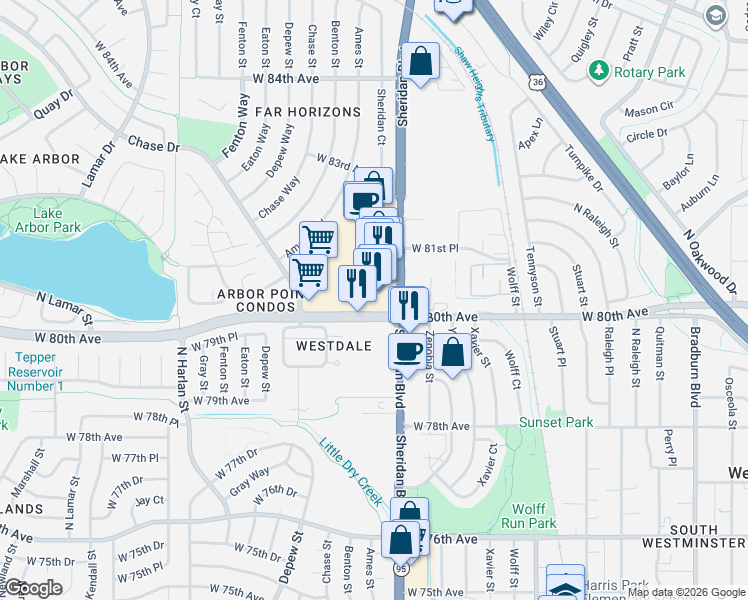 map of restaurants, bars, coffee shops, grocery stores, and more near 5255 West 80th Avenue in Arvada