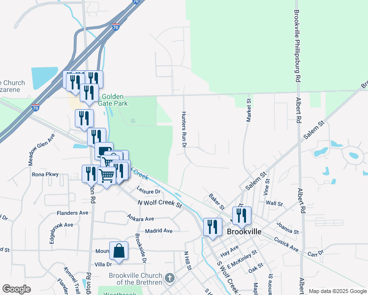 map of restaurants, bars, coffee shops, grocery stores, and more near 885 Hunters Run Drive in Brookville