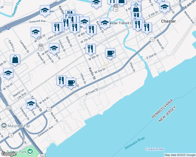 map of restaurants, bars, coffee shops, grocery stores, and more near 609 West 3rd Street in Chester