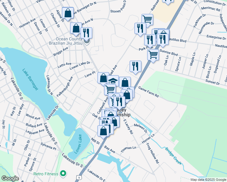 map of restaurants, bars, coffee shops, grocery stores, and more near 110 Lacey Road in Lacey Township