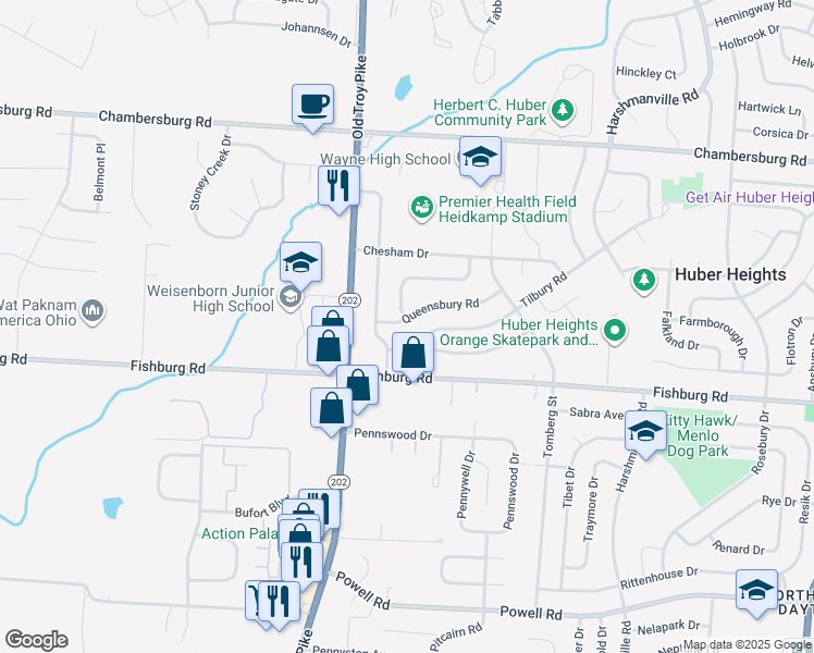 map of restaurants, bars, coffee shops, grocery stores, and more near 4890 Queensbury Road in Dayton