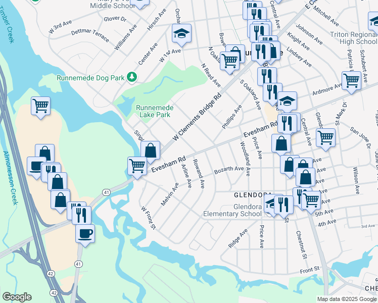 map of restaurants, bars, coffee shops, grocery stores, and more near 29 South Rowand Avenue in Runnemede