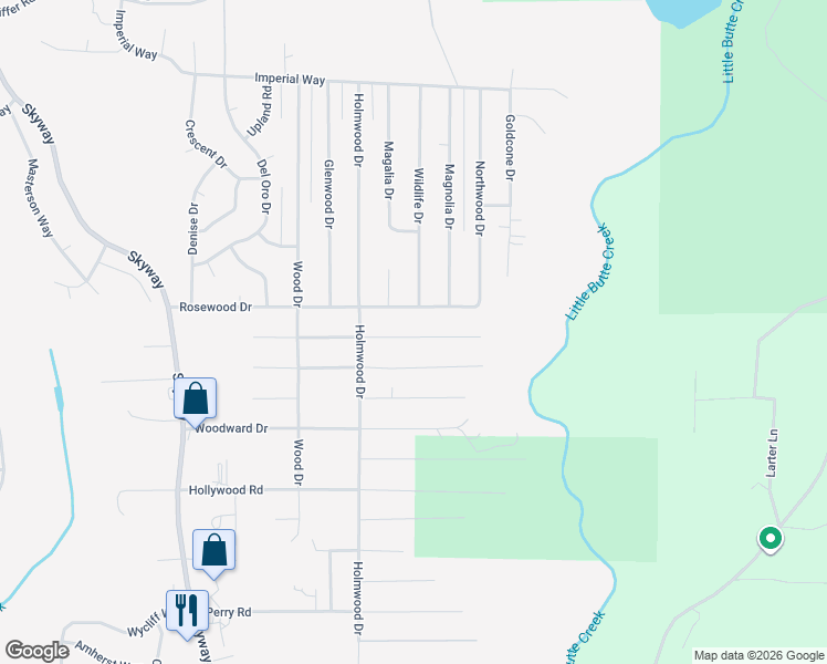map of restaurants, bars, coffee shops, grocery stores, and more near 6594 Rosewood Drive in Magalia