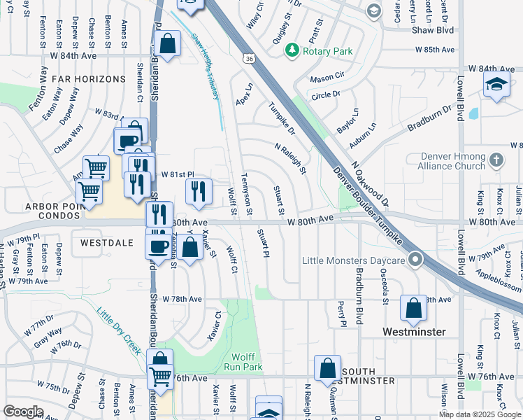 map of restaurants, bars, coffee shops, grocery stores, and more near 8061 Stuart Place in Westminster