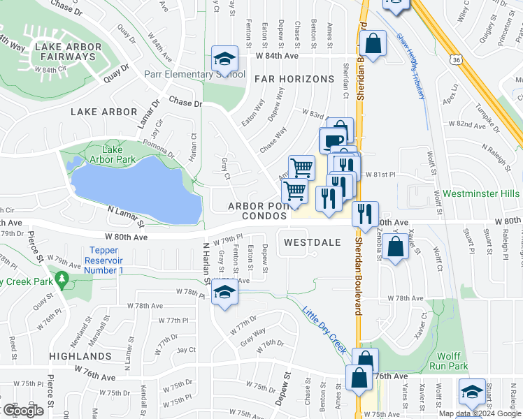 map of restaurants, bars, coffee shops, grocery stores, and more near 8099 Chase Drive in Arvada
