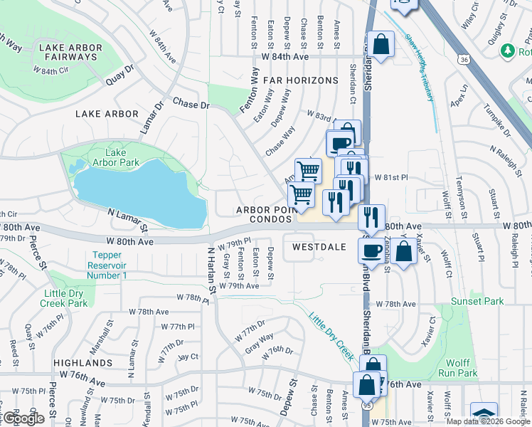map of restaurants, bars, coffee shops, grocery stores, and more near 8052 Fenton Court in Arvada