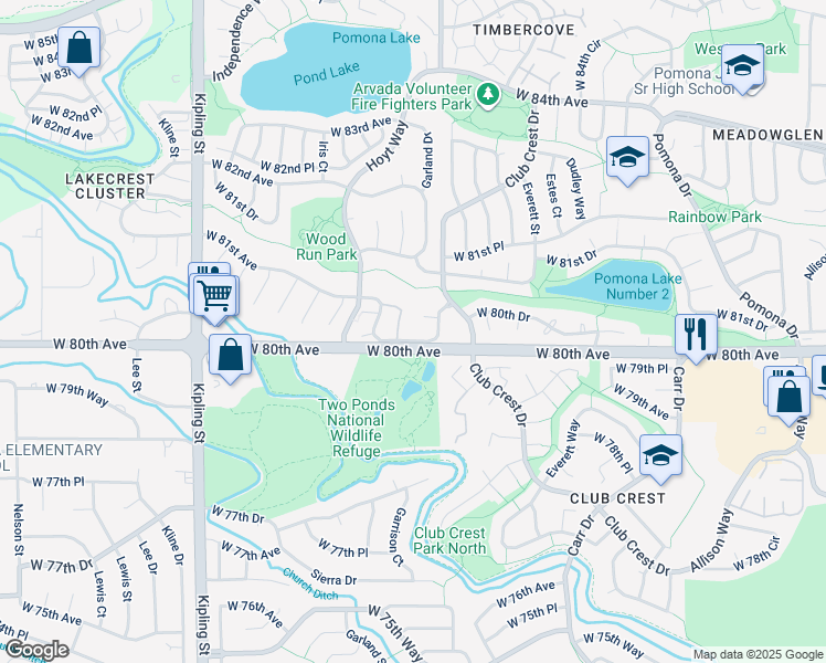 map of restaurants, bars, coffee shops, grocery stores, and more near 8070 Holland Court in Arvada