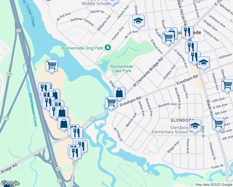 map of restaurants, bars, coffee shops, grocery stores, and more near 42 Singley Avenue in Runnemede
