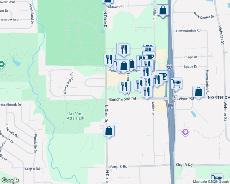 map of restaurants, bars, coffee shops, grocery stores, and more near 3423 North Dixie Drive in Dayton