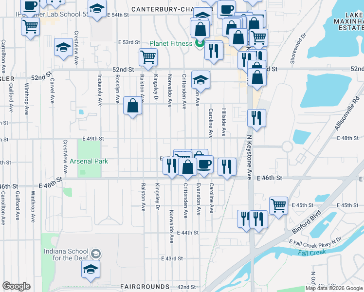 map of restaurants, bars, coffee shops, grocery stores, and more near 4901 Norwaldo Avenue in Indianapolis