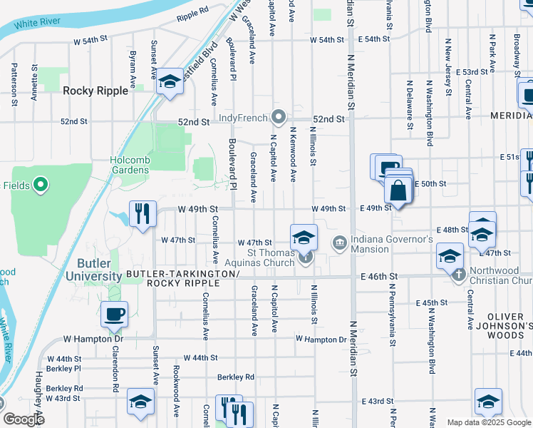 map of restaurants, bars, coffee shops, grocery stores, and more near 4913 North Capitol Avenue in Indianapolis
