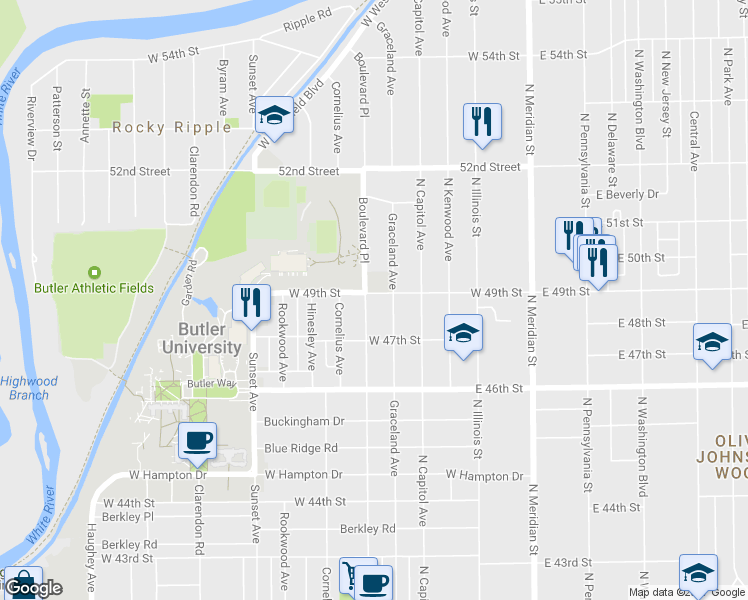 map of restaurants, bars, coffee shops, grocery stores, and more near 398 West 49th Street in Indianapolis