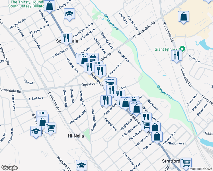 map of restaurants, bars, coffee shops, grocery stores, and more near 120 South White Horse Pike in Somerdale