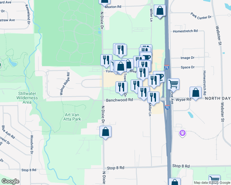 map of restaurants, bars, coffee shops, grocery stores, and more near 3301 Benchwood Road in Dayton