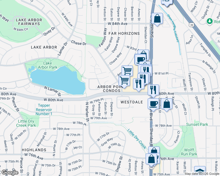 map of restaurants, bars, coffee shops, grocery stores, and more near 8052 Fenton Court in Arvada