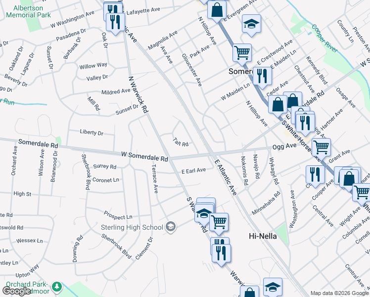 map of restaurants, bars, coffee shops, grocery stores, and more near 608 Tait Road in Somerdale