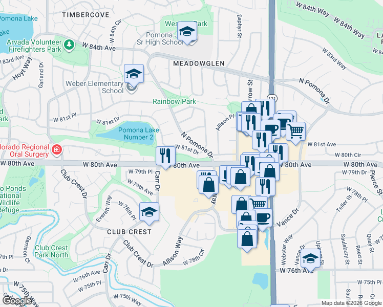 map of restaurants, bars, coffee shops, grocery stores, and more near 8179 West 81st Drive in Arvada