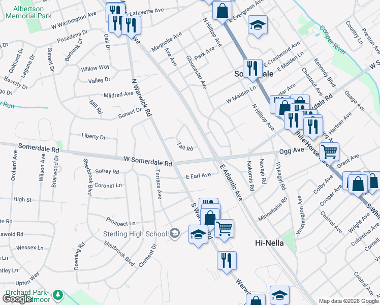map of restaurants, bars, coffee shops, grocery stores, and more near 608 Tait Road in Somerdale
