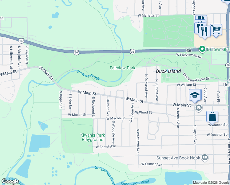 map of restaurants, bars, coffee shops, grocery stores, and more near Stevens Creek Bikeway in Decatur