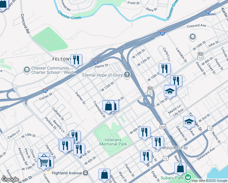 map of restaurants, bars, coffee shops, grocery stores, and more near 1023 Yarnall Street in Chester