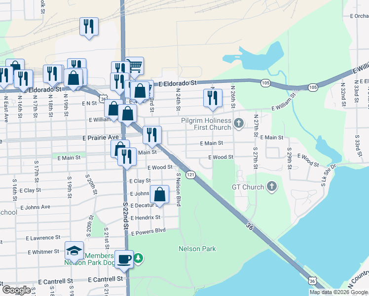 map of restaurants, bars, coffee shops, grocery stores, and more near 2346-2398 East Main Street in Decatur
