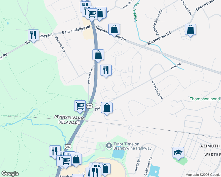 map of restaurants, bars, coffee shops, grocery stores, and more near 11 Robert Court in Chadds Ford