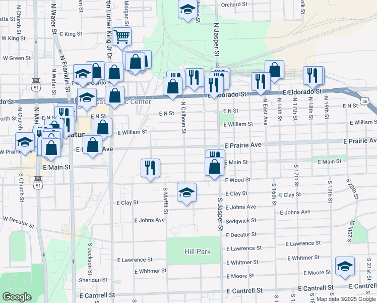 map of restaurants, bars, coffee shops, grocery stores, and more near 1000-1098 E Prairie Ave in Decatur
