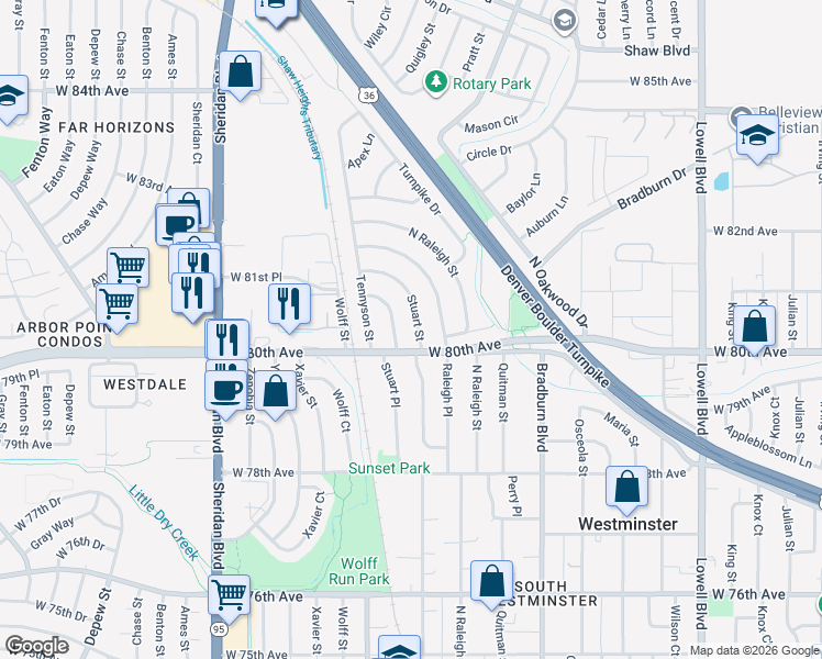 map of restaurants, bars, coffee shops, grocery stores, and more near 8061 Raleigh Place in Westminster
