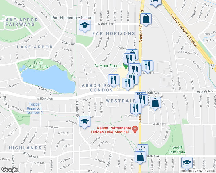 map of restaurants, bars, coffee shops, grocery stores, and more near 8099 Chase Drive in Arvada
