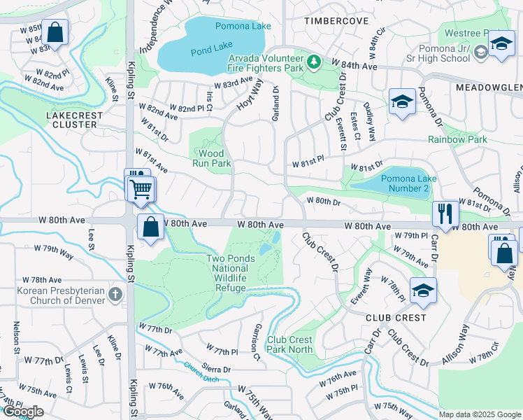 map of restaurants, bars, coffee shops, grocery stores, and more near 8070 Holland Court in Arvada