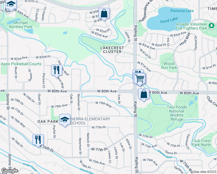 map of restaurants, bars, coffee shops, grocery stores, and more near 10333 West 80th Drive in Arvada