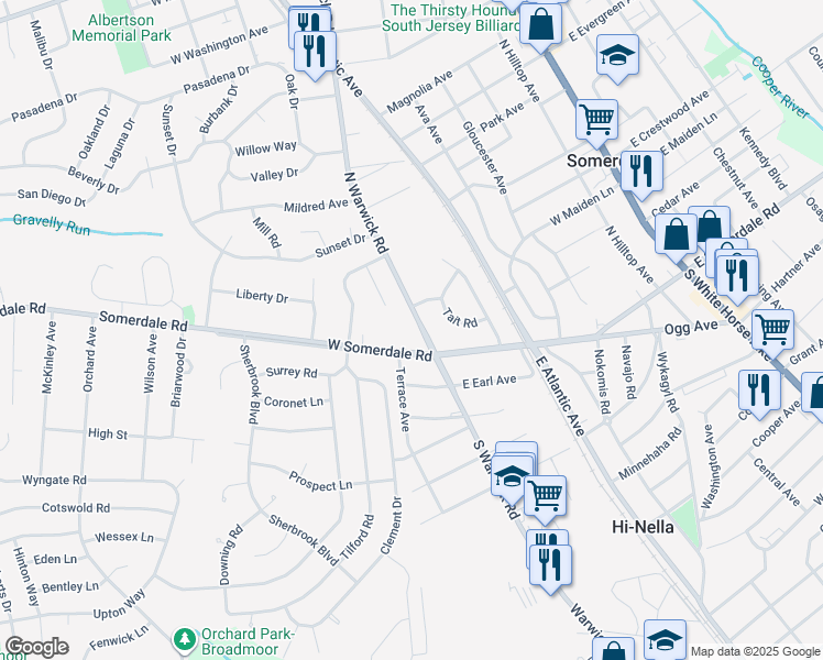 map of restaurants, bars, coffee shops, grocery stores, and more near 14 North Warwick Road in Somerdale