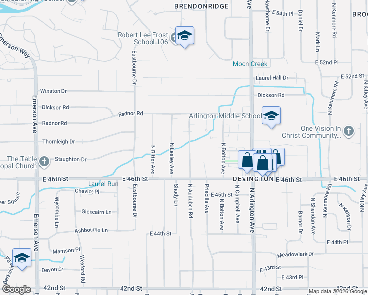 map of restaurants, bars, coffee shops, grocery stores, and more near 4727 North Lesley Avenue in Indianapolis