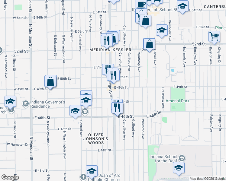 map of restaurants, bars, coffee shops, grocery stores, and more near 720 East 49th Street in Indianapolis