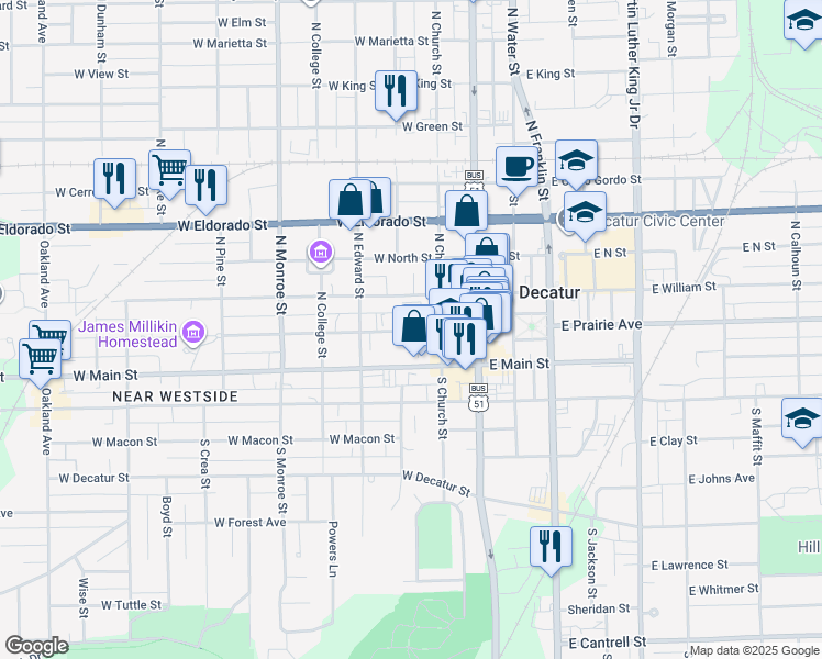 map of restaurants, bars, coffee shops, grocery stores, and more near 321 West William Street in Decatur
