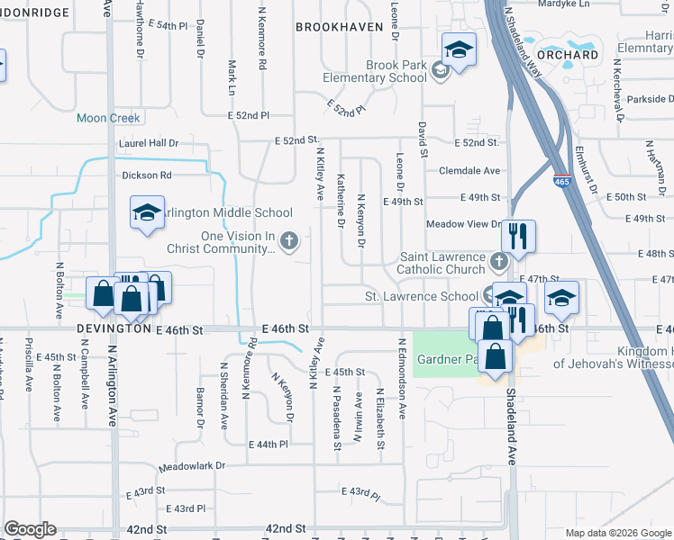 map of restaurants, bars, coffee shops, grocery stores, and more near 4735 North Kitley Avenue in Indianapolis