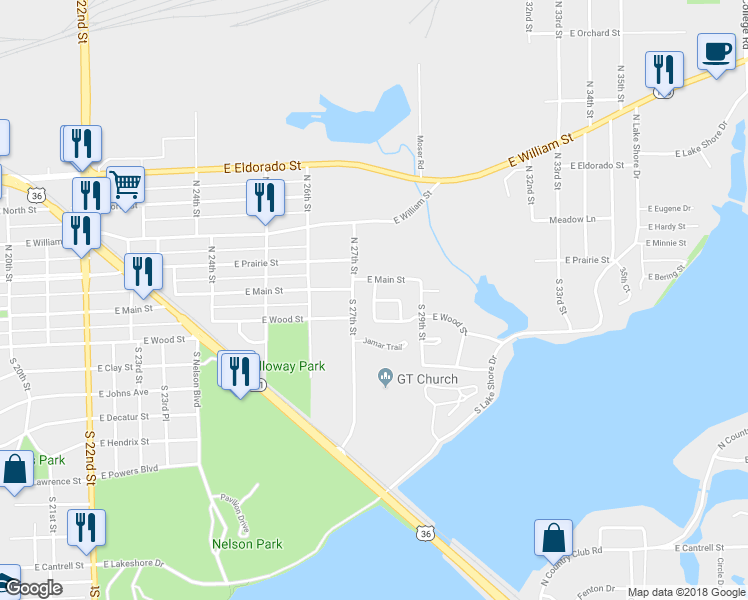 map of restaurants, bars, coffee shops, grocery stores, and more near 140 South Acorn Drive in Decatur