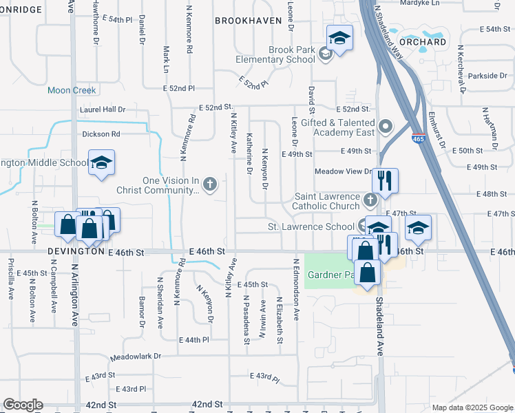 map of restaurants, bars, coffee shops, grocery stores, and more near 4810 Katherine Drive in Indianapolis