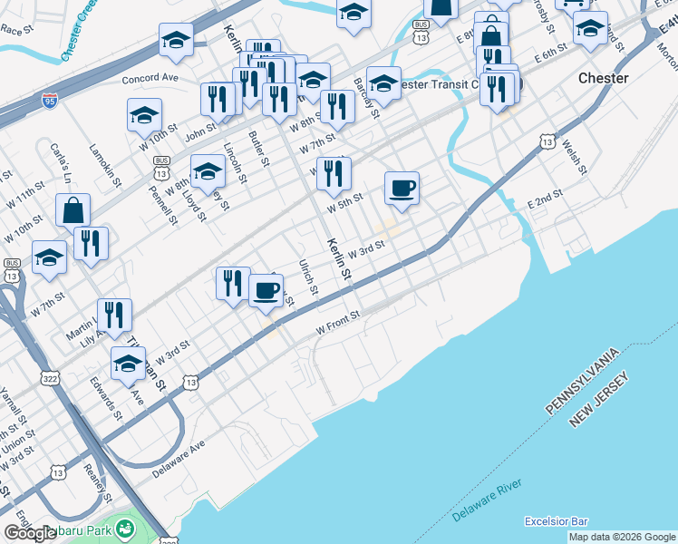 map of restaurants, bars, coffee shops, grocery stores, and more near 716 West 3rd Street in Chester