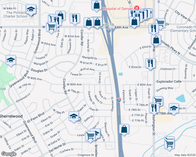 map of restaurants, bars, coffee shops, grocery stores, and more near 8068 Grace Court in Denver