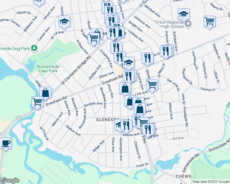 map of restaurants, bars, coffee shops, grocery stores, and more near 211 High Street in Gloucester Township