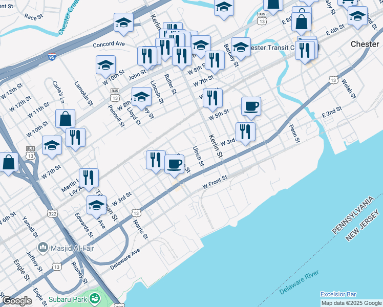 map of restaurants, bars, coffee shops, grocery stores, and more near 812 West 3rd Street in Chester