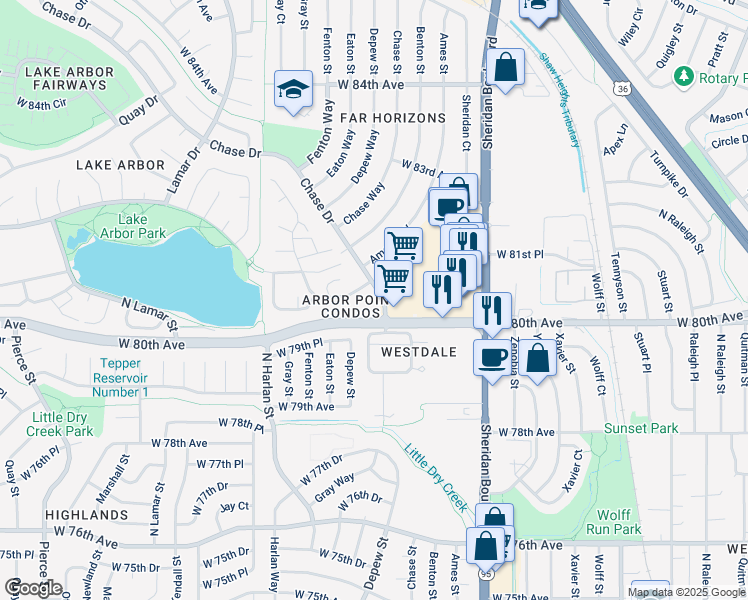 map of restaurants, bars, coffee shops, grocery stores, and more near 8099 Chase Drive in Arvada