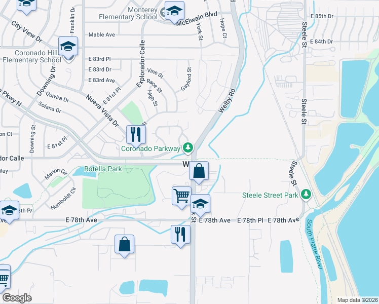 map of restaurants, bars, coffee shops, grocery stores, and more near 2274 Coronado Parkway North in Thornton