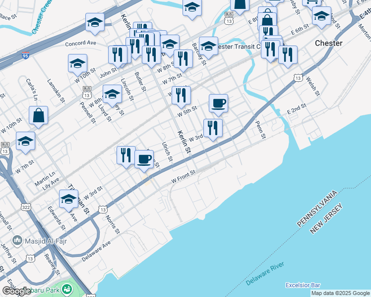 map of restaurants, bars, coffee shops, grocery stores, and more near 609 West 3rd Street in Chester
