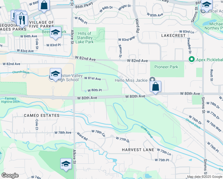 map of restaurants, bars, coffee shops, grocery stores, and more near 8010 Youngfield Street in Arvada