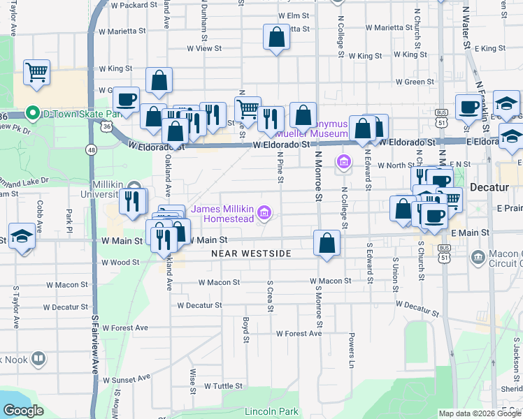 map of restaurants, bars, coffee shops, grocery stores, and more near 825 West William Street in Decatur
