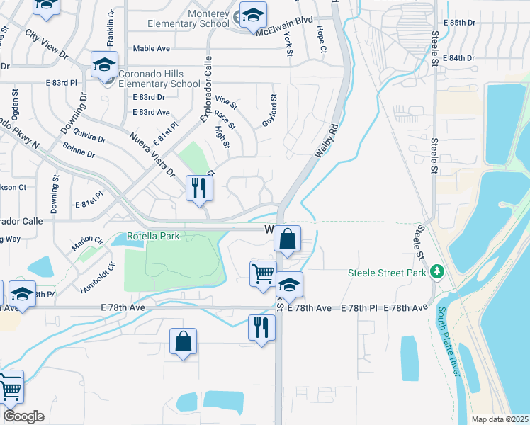 map of restaurants, bars, coffee shops, grocery stores, and more near 2260 Coronado Parkway North in Denver